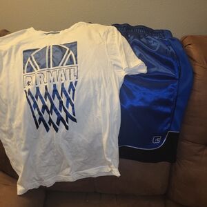 Boys White Graphic T-Shirt and Blue Athletic Shorts